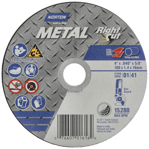 Meule &agrave; tronçonner m&eacute;tallique pour coupe &agrave; angle droit RightCut, 4-1/2" x 0,04", Arbre de 7/8", Type 01/41, Oxyde d'aluminium, 13580 Tr/min Nassau Supply