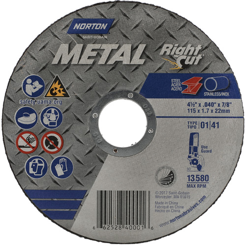 Metal RightCut Right Angle Cut-Off Wheel, 4-1/2" x 0.045", 7/8" Arbor, Type 01/41, Aluminum Oxide, 13580 RPM Nassau Supply