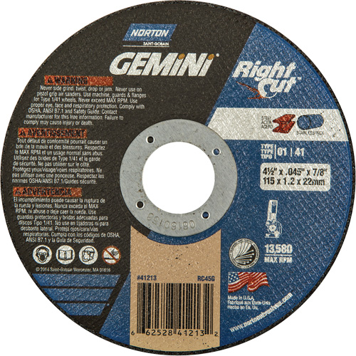 Meule &agrave; tronçonner pour coupe &agrave; angle droit RightCut Gemini, 4-1/2" x 0,045", Arbre de 7/8", Type 01/41, Oxyde d'aluminium, 13580 Tr/min Nassau Supply