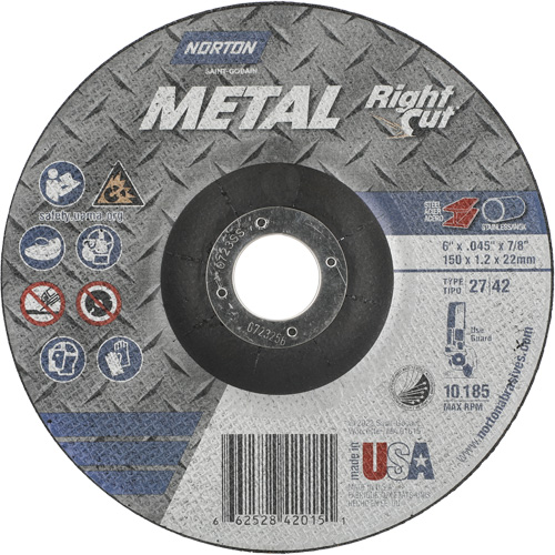 Meule &agrave; tronçonner m&eacute;tallique pour coupe &agrave; angle droit RightCut, 6" x 0,045", Arbre de 7/8", Type 27/42, Oxyde d'aluminium, 10190 Tr/min Nassau Supply