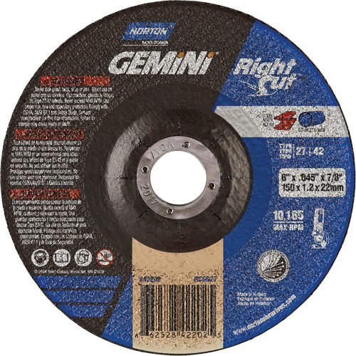 Meule &agrave; tronçonner pour coupe &agrave; angle droit RightCut Gemini, 6" x 0,045", Arbre de 7/8", Type 27/42, Oxyde d'aluminium, 10185 Tr/min Nassau Supply