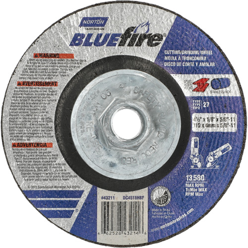 BlueFire Grinding & Cutting Wheel, 4-1/2" x 1/8", 5/8"-11 Arbor, Type 27, Zirconia Alumina Nassau Supply