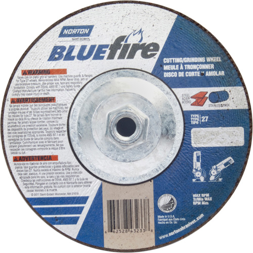 Disque de meulage et tronçonnage BlueFire, 7" x 1/8", Arbre de 5/8"-11, Type 27, Alumine de zirconium Nassau Supply