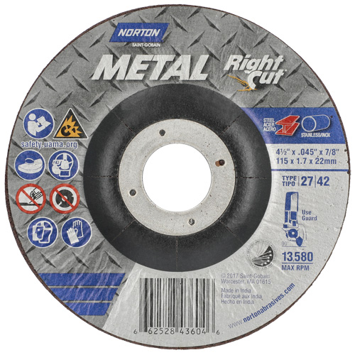 Meule &agrave; tronçonner m&eacute;tallique pour coupe &agrave; angle droit RightCut, 4-1/2" x 0,045", Arbre de 7/8", Type 27, Oxyde d'aluminium, 13580 Tr/min Nassau Supply