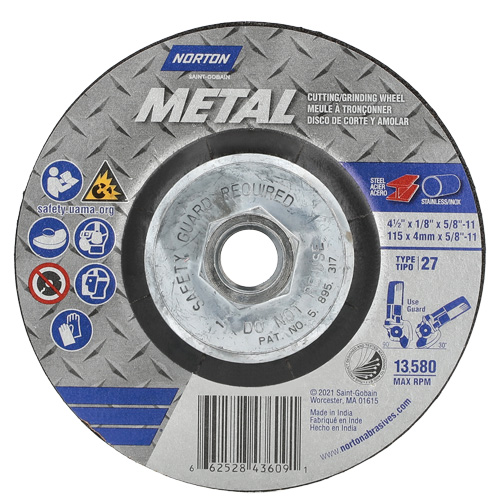 Metal Grinding & Cutting Wheel, 4-1/2" x 1/8", 5/8"-11 Arbor, Type 27, Aluminum Oxide Nassau Supply
