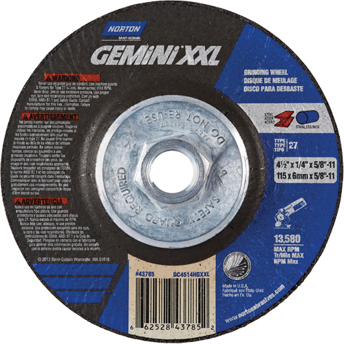 Meule XXL Gemini, 4-1/2" x 1/4", Arbre 5/8"-11, Oxyde d'aluminium, Type 27 Nassau Supply