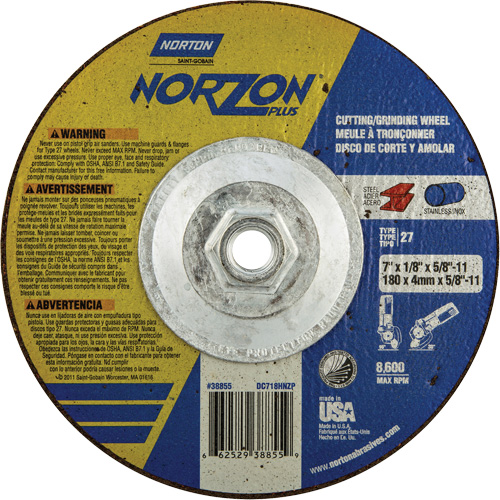 Disque de meulage et tronçonnage NorZon Plus SGZ, 7" x 1/8", Arbre de 5/8"-11, Type 27, C&eacute;ramique d'alumine Nassau Supply