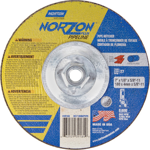 NorZon Plus SGZ Right Angle Cut-Off Wheel, 7" x 1/8", 5/8"-11 Arbor, Type 27/42, Ceramic Alumina, 8600 RPM Nassau Supply