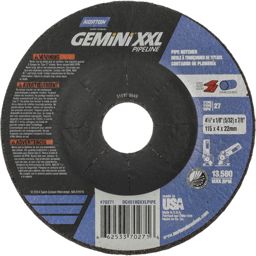 Disque combin&eacute; de meulage et tronçonnage Gemini XXL, 4-1/2" x 1/8", Arbre de 7/8", Type 27, Oxyde d'aluminium Nassau Supply