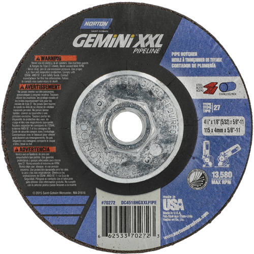 Disque combin&eacute; de meulage et tronçonnage Gemini XXL, 4-1/2" x 1/8", Arbre de 5/8"-11, Type 27, Oxyde d'aluminium Nassau Supply