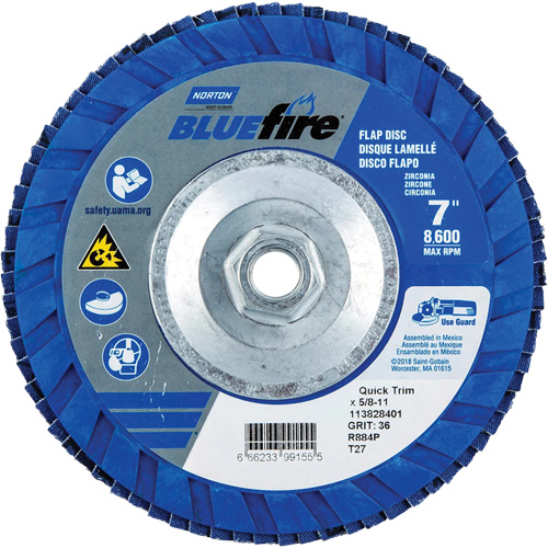 BlueFire&reg; Standard-Density Flap Disc, 7" x 5/8"-11, Type 27, P36 Grit, Zirconia Alumina Nassau Supply