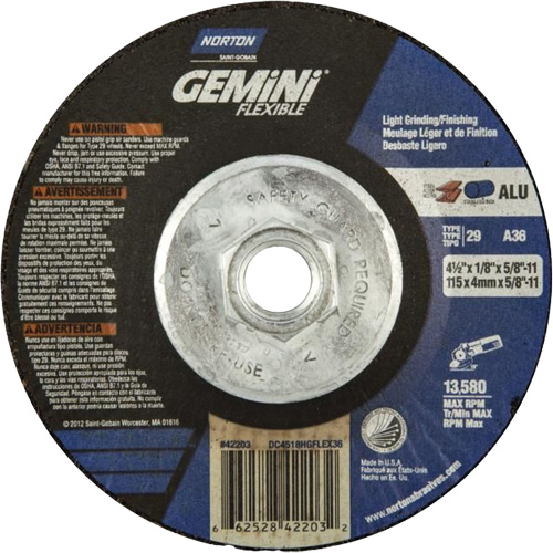 Gemini Flexible A AO Grinding and Cutting Wheel, 4-1/2" x 1/8", 5/8"-11 Arbor, Type 29, Aluminum Oxide, 13580 RPM Nassau Supply