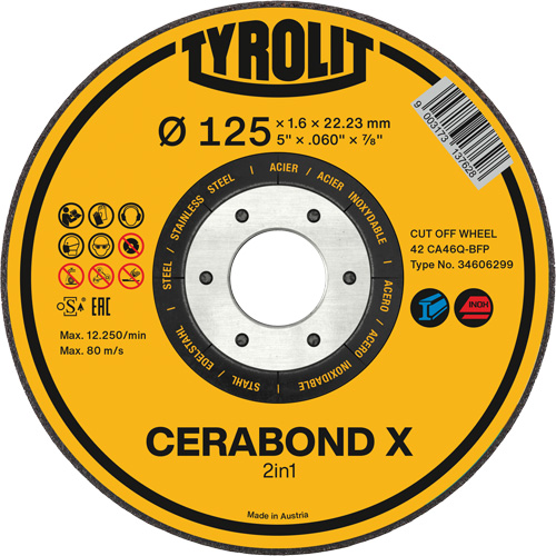 CERABOND X Cut-Off Wheel for Steel & Stainless Steel, 5" x 0.45", 7/8" Arbor, Type 1, Ceramic, 12250 RPM Nassau Supply