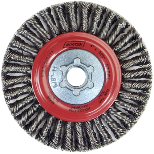 Brosse &agrave; fils nou&eacute;s pour cordons de soudure pour meuleuse angulaire, Dia. 4", Fils 0,02", Arbre 5/8"-11, Acier Nassau Supply
