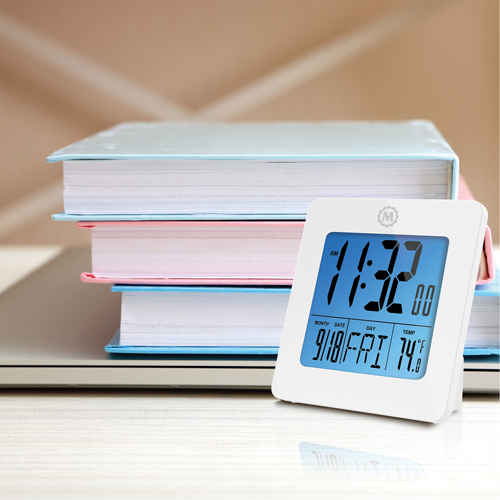 Desktop Clock, Digital, Battery Operated, 3.6" W x 1.5" D x 3.6" H, White Nassau Supply