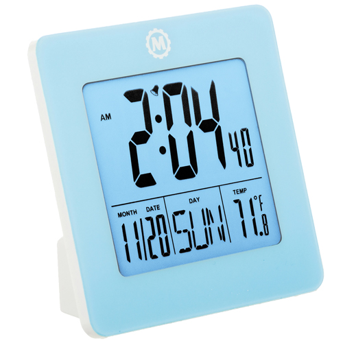 Desktop Clock, Digital, Battery Operated, 3.6" W x 1.5" D x 3.6" H, Blue Nassau Supply