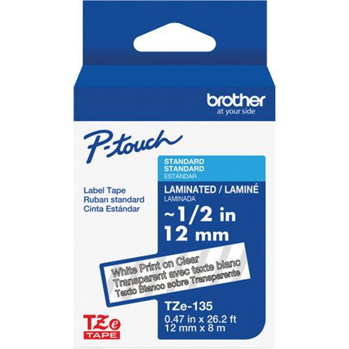Ruban lamin&eacute; pour P-Touch, 12 mm x 8 m, Blanc sur transparent Nassau Supply