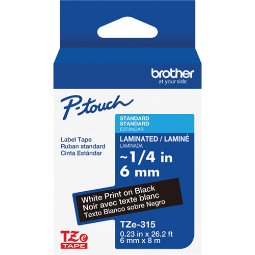 Ruban lamin&eacute; TZe-315 pour &eacute;tiqueteuses P-Touch compatibles avec les rubans TZe, Blanc sur noir, Largeur de 0,23" Nassau Supply