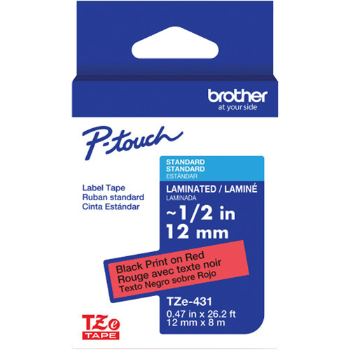 Ruban lamin&eacute; TZe-431 pour &eacute;tiqueteuses P-Touch compatibles avec les rubans TZe, 12 mm x 8 m, Noir/rouge Nassau Supply