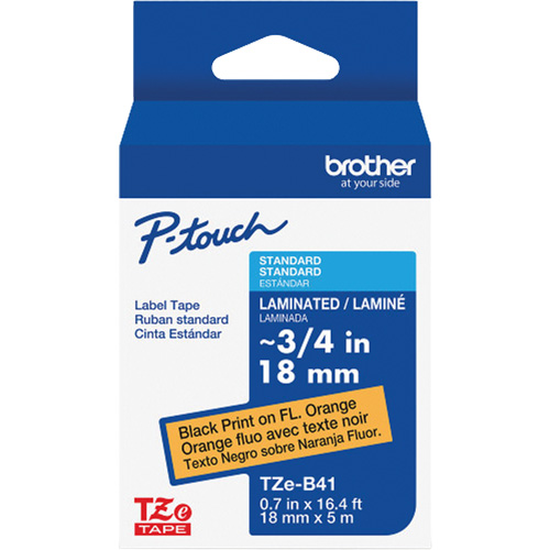 Ruban lamin&eacute; TZe-B41 pour &eacute;tiqueteuses P-Touch compatibles avec les rubans TZe, Noir sur orange fluorescent, Largeur de 0,7" Nassau Supply