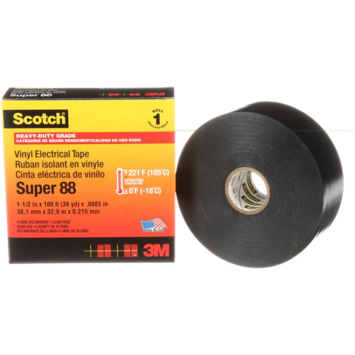 Scotch&reg; Vinyl Electrical Tape Super 88, 38 mm (1-1/2") x 33 m (108'), Black, 8.5 mils Nassau Supply