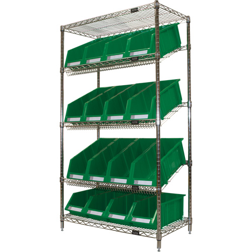 Slanted Wire Shelf with Bins, 5 Tiers, 36" W x 63" H x 18" D Nassau Supply
