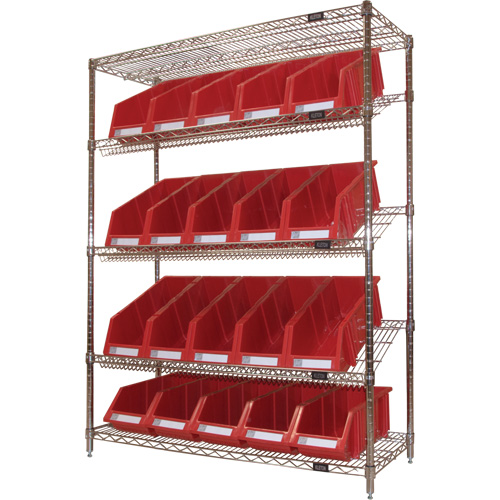 Slanted Wire Shelf with Bins, 5 Tiers, 48" W x 63" H x 18" D Nassau Supply
