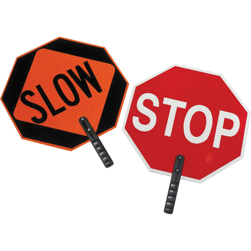 Panneau de signalisation &agrave; deux c&ocirc;t&eacute;s  Stop/Slow , Plastique, Boulonn&eacute; Nassau Supply