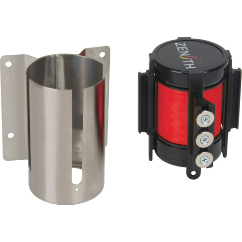Barri&egrave;re &agrave; fixation murale avec ruban magn&eacute;tique, Acier, Fixation par vis, 12', Ruban Rouge Nassau Supply