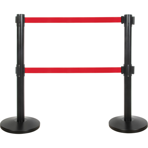 Barri&egrave;re pour le contr&ocirc;le des foules &agrave; courroie double, Acier, 35" h, Ruban Rouge, Longueur du ruban 7' Nassau Supply