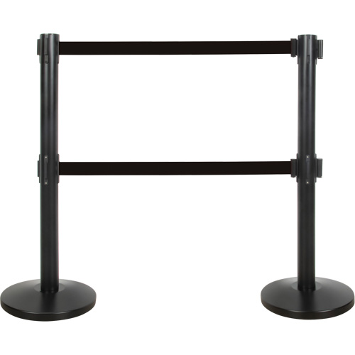 Barri&egrave;re pour le contr&ocirc;le des foules &agrave; courroie double, Acier, 35" h, Ruban Noir, Longueur du ruban 7' Nassau Supply