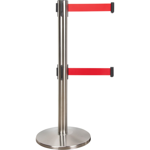 Barri&egrave;re pour le contr&ocirc;le des foules &agrave; courroie double, Acier, 35" h, Ruban Rouge, Longueur du ruban 7' Nassau Supply
