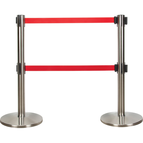 Barri&egrave;re pour le contr&ocirc;le des foules &agrave; courroie double, Acier, 35" h, Ruban Rouge, Longueur du ruban 7' Nassau Supply