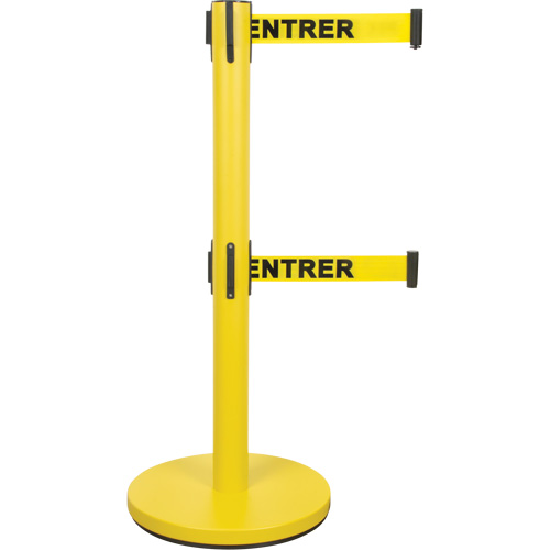 Barri&egrave;re pour le contr&ocirc;le des foules &agrave; courroie double, Acier, 35" h, Ruban Jaune, Longueur du ruban 7' Nassau Supply