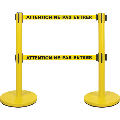 Barri&egrave;re pour le contr&ocirc;le des foules &agrave; courroie double, Acier, 35" h, Ruban Jaune, Longueur du ruban 7' Nassau Supply