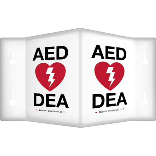 90° Projecting "AED/DEA" Sign, 6" x 5", Plastic, Bilingual with Pictogram Nassau Supply