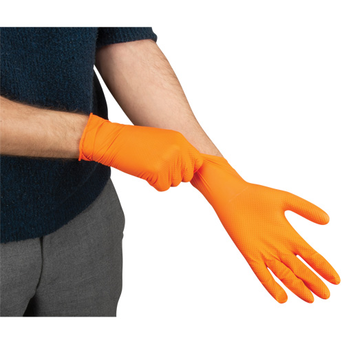 Heavyweight Tactile Grip Examination Gloves, Large, Nitrile, 8-mil, Powder-Free, Orange, Class 2 Nassau Supply