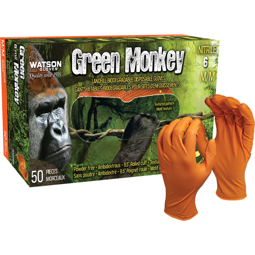 Green Monkey Disposable Gloves, Small, Nitrile, 6-mil, Powder-Free, Orange Nassau Supply