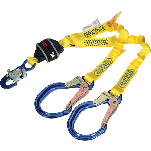 Twin-Leg Stretch Web Shock-Absorbing Lanyard, 4', Rebar Hook Center, Snap Hook Leg Ends Nassau Supply