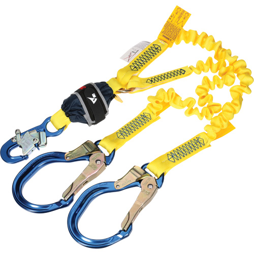 Twin-Leg Stretch Web Shock-Absorbing Lanyard, 6', Rebar Hook Center, Snap Hook Leg Ends Nassau Supply
