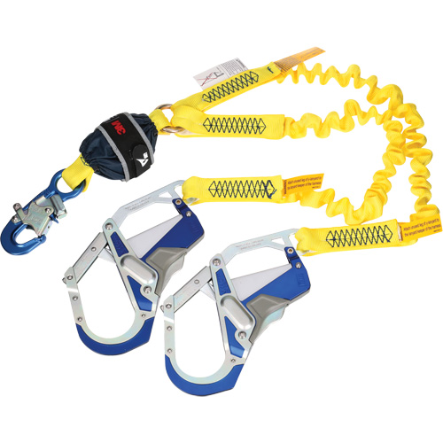 Twin-Leg Stretch Web Shock-Absorbing Lanyard, 6', Rebar Hook Center, Snap Hook Leg Ends Nassau Supply