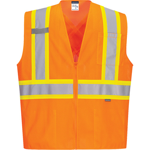 Contrast-Striped Safety Vest, High Visibility Orange, Small, Polyester Nassau Supply