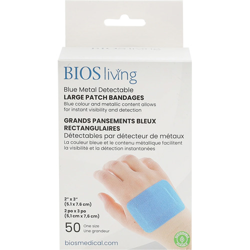 Grands bandages renforc&eacute;s bleus, Rectangulaire/carr&eacute;e, 3", Tissu d&eacute;tectable, St&eacute;rile Nassau Supply