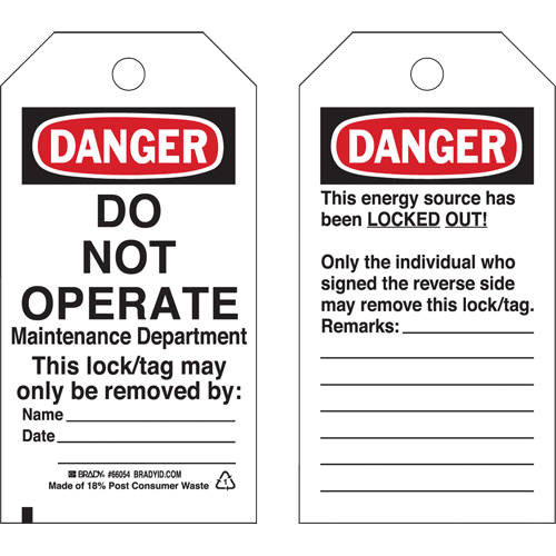 Lockout Tags, Plastic, 3" W x 5-3/4" H, English Nassau Supply