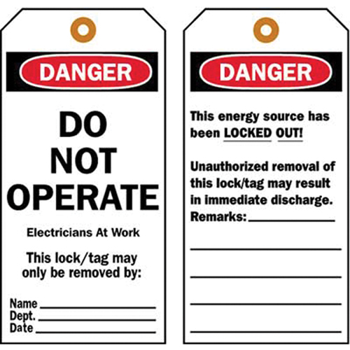 Lockout Tags, Plastic, 3" W x 5-1/2" H, English Nassau Supply