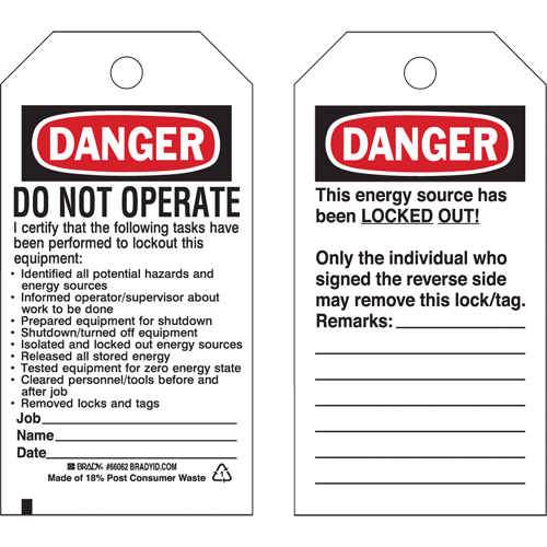 Lockout Tags, Plastic, 3" W x 5-1/2" H, English Nassau Supply