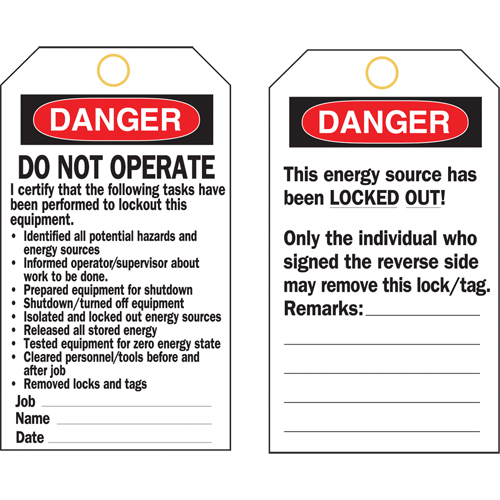 Lockout Tags, Plastic, 3" W x 5-3/4" H, English Nassau Supply