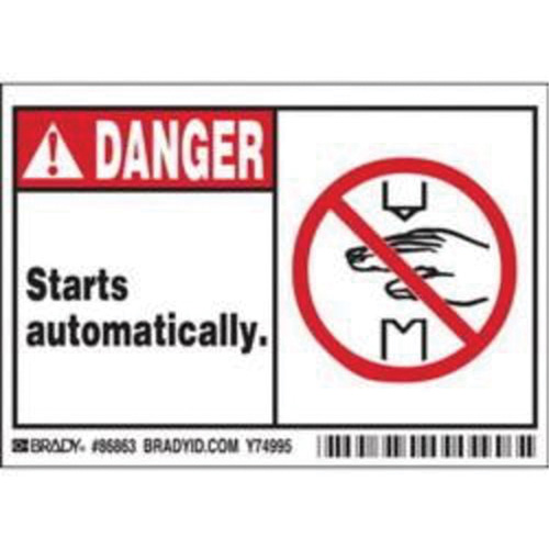 Enseigne Danger Starts Automatically, 3-1/2" x 5", Polyester, Anglais avec pictogramme Nassau Supply