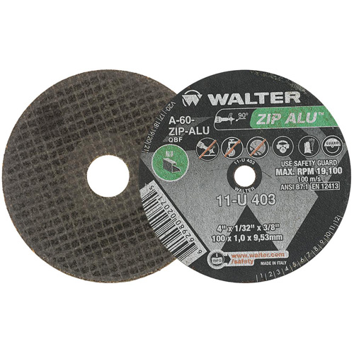 Meule ZIP ALU, 4" x 1/32", Arbre de 3/8", Type 1, Oxyde d'aluminium, 19100 Tr/min Nassau Supply