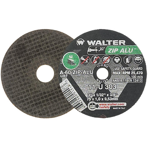ZIP ALU Cutting Wheel, 3" x 1/32", 3/8" Arbor, Type 1, Aluminum Oxide, 25470 RPM Nassau Supply
